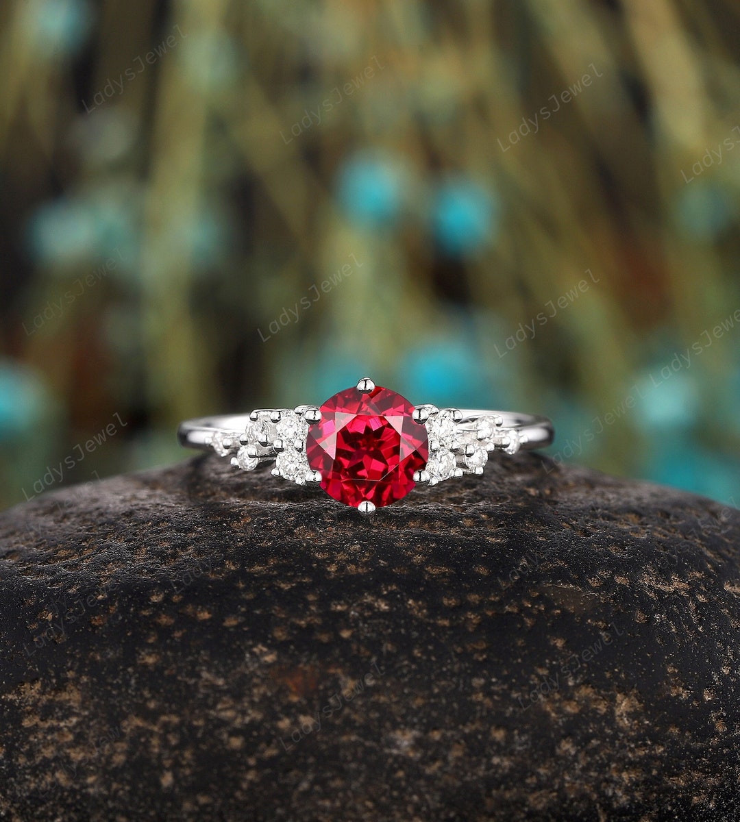 Vintage Round Cut Ruby Engagement Ring 14K Solid White Gold Snowdrift ...