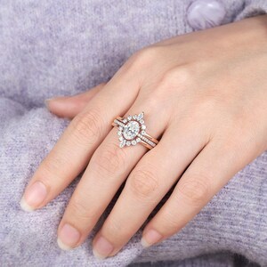 1 Carat Oval Lab Grown Diamond Ring Bridal Set 18K Rose Gold IGI Certified Engagement Ring Set 3PCS Pave Half Eternity Diamond Wedding Ring image 5