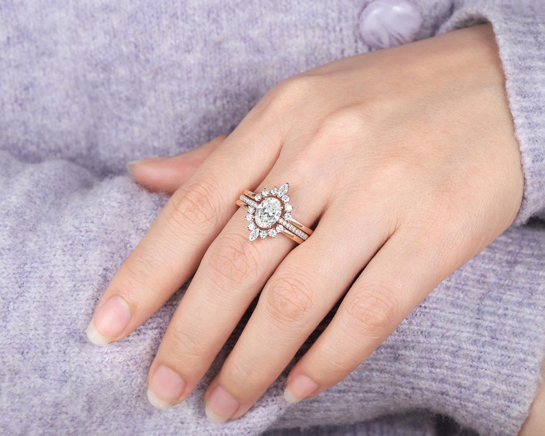 1 Carat Oval Lab Grown Diamond Ring Bridal Set 18K Rose Gold IGI Certified Engagement Ring Set 3PCS Pave Half Eternity Diamond Wedding Ring image 5