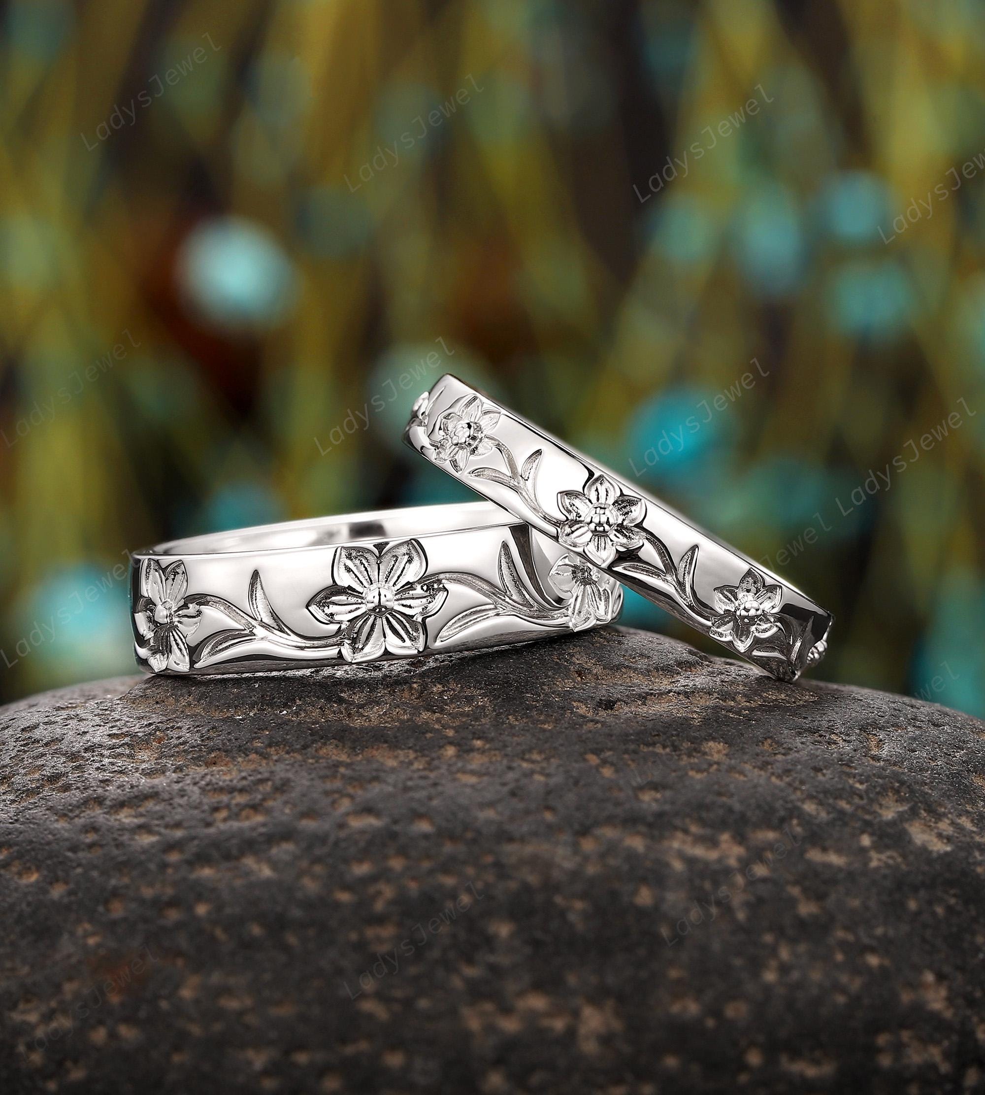 Platinum Narcissus Wedding Band, December Birth Flower Couples