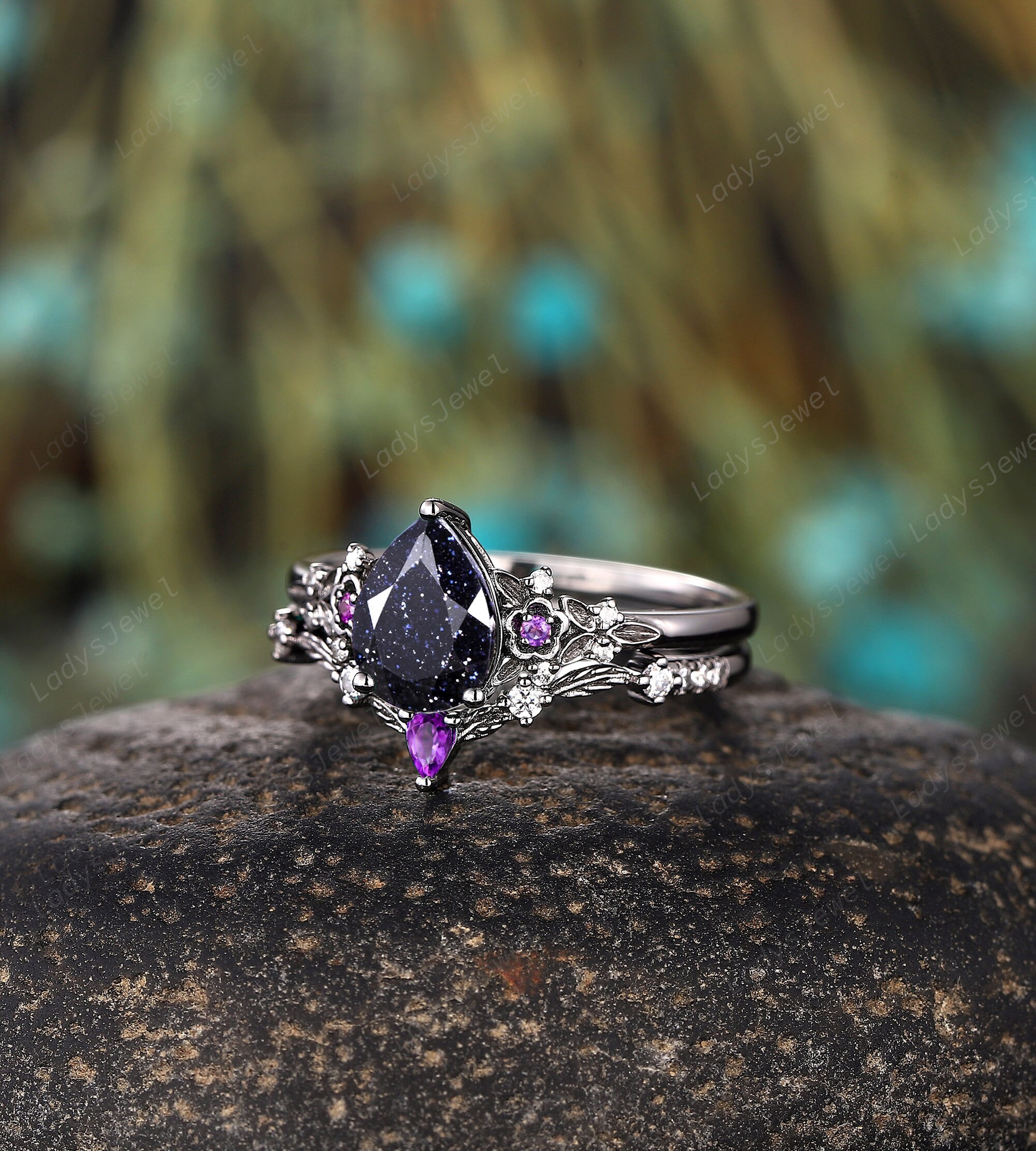 Gothic Pear Cut Nebula Blue Sandstone Engagement Ring Set Nature