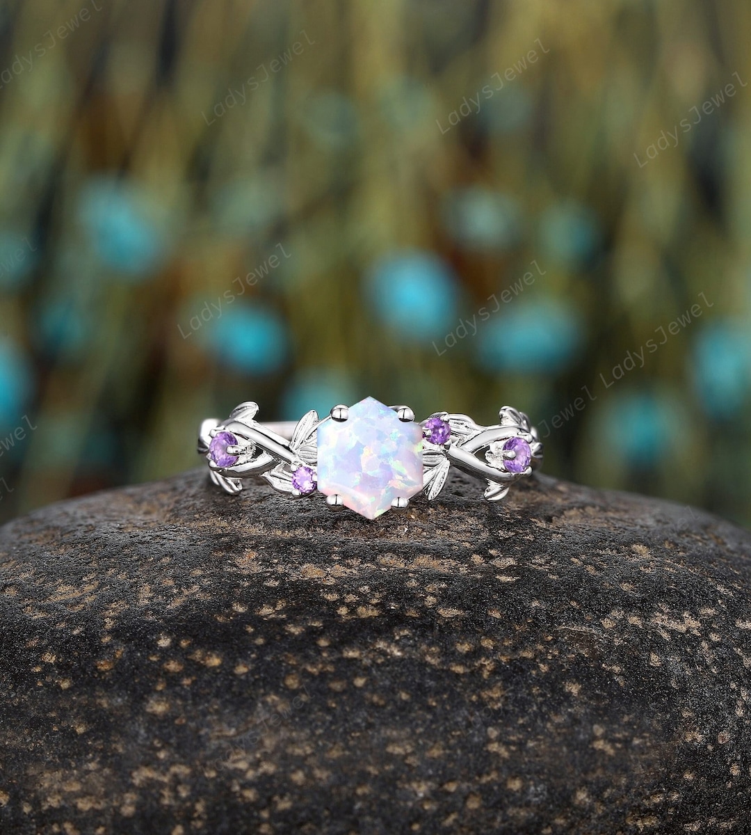 MAIHAO Women's Fashion Ring - White Fire Opal & Purple Amethyst CZ In 10KT Black Gold Filled (Size 8)