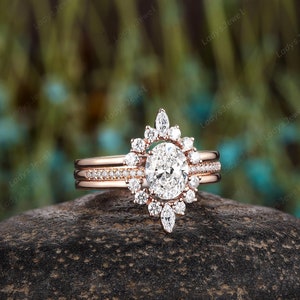 1 Carat Oval Lab Grown Diamond Ring Bridal Set 18K Rose Gold IGI Certified Engagement Ring Set 3PCS Pave Half Eternity Diamond Wedding Ring image 6