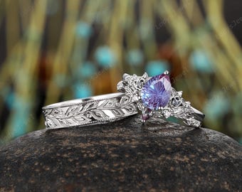 Firework Cut Pear Shape Alexandrite Couple Promise Ring Nature Inspired Leaf His and Hers Wedding Band White Gold Floral Engagement Ring Set