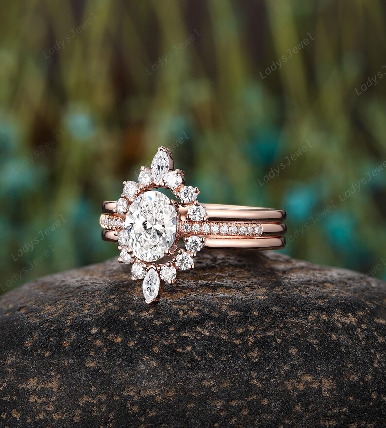 1 Carat Oval Lab Grown Diamond Ring Bridal Set 18K Rose Gold IGI Certified Engagement Ring Set 3PCS Pave Half Eternity Diamond Wedding Ring image 7