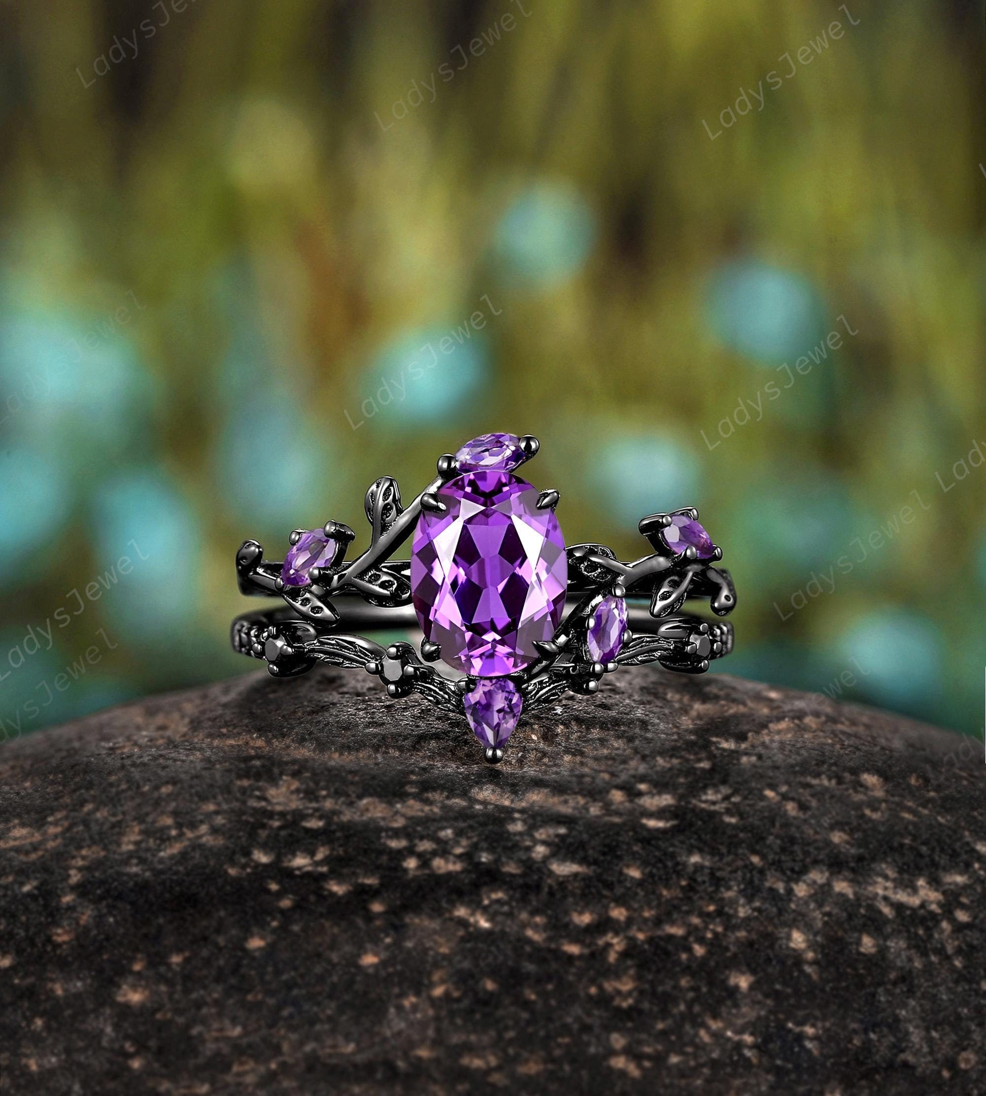 F37 パープルアゲートリング oval Gothic Oval Cut Purple Sapphire Engagement Ring Set Rhodium Black