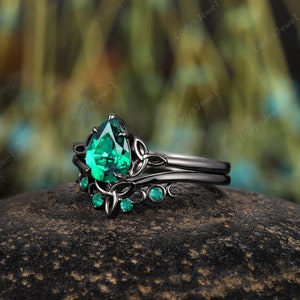 Gothic Pear Emerald Engagement Ring Set, Rhodium Black Gold Celtic Knots Bridal Set, Solitaire May Birthstone Witchy Promise Ring for Women image 4