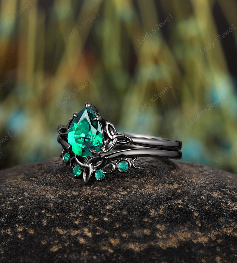 Gothic Pear Emerald Engagement Ring Set, Rhodium Black Gold Celtic Knots Bridal Set, Solitaire May Birthstone Witchy Promise Ring for Women image 4