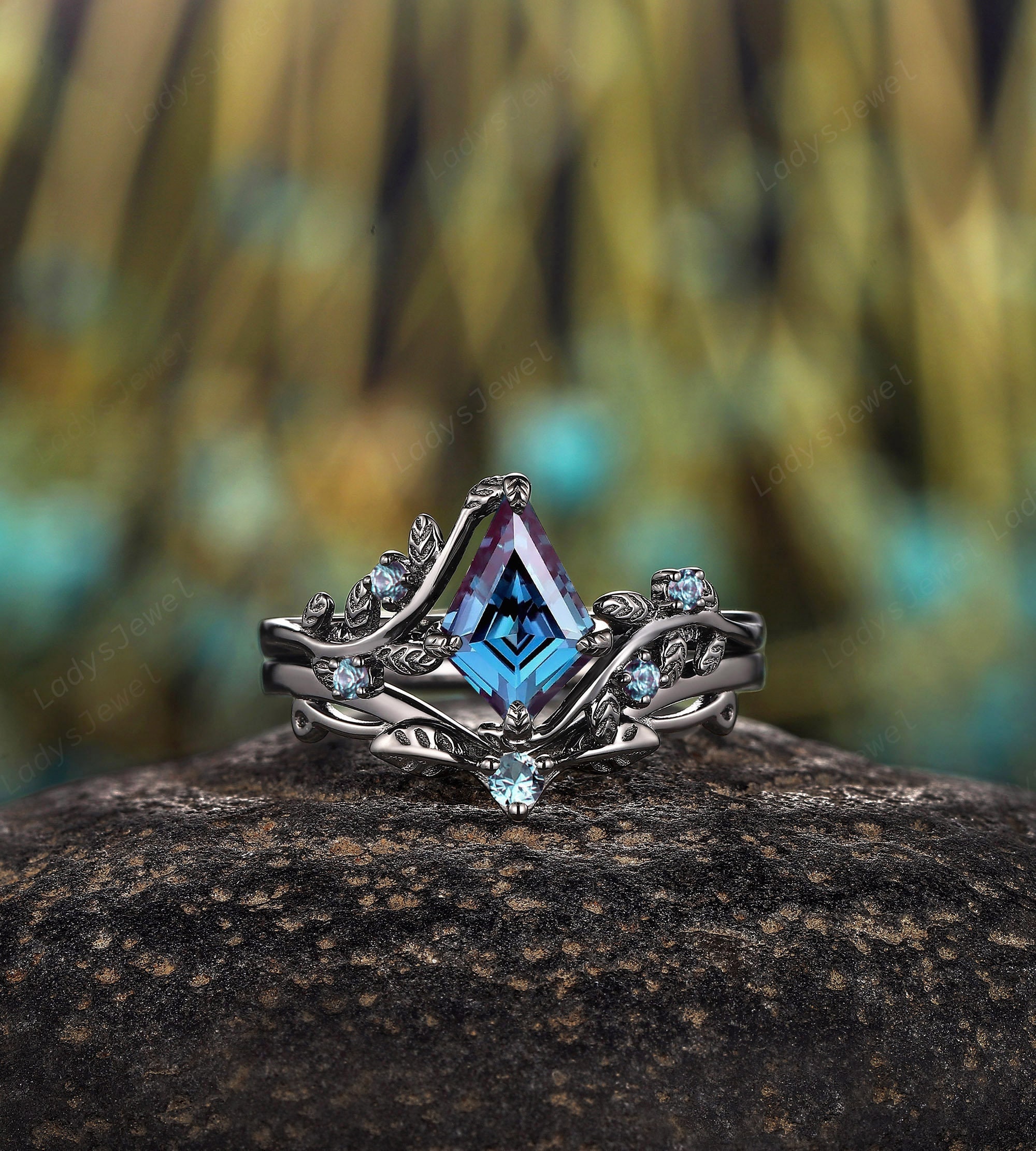 Gothic Kite Cut Alexandrite Engagement Rings Rhodium Black Gold