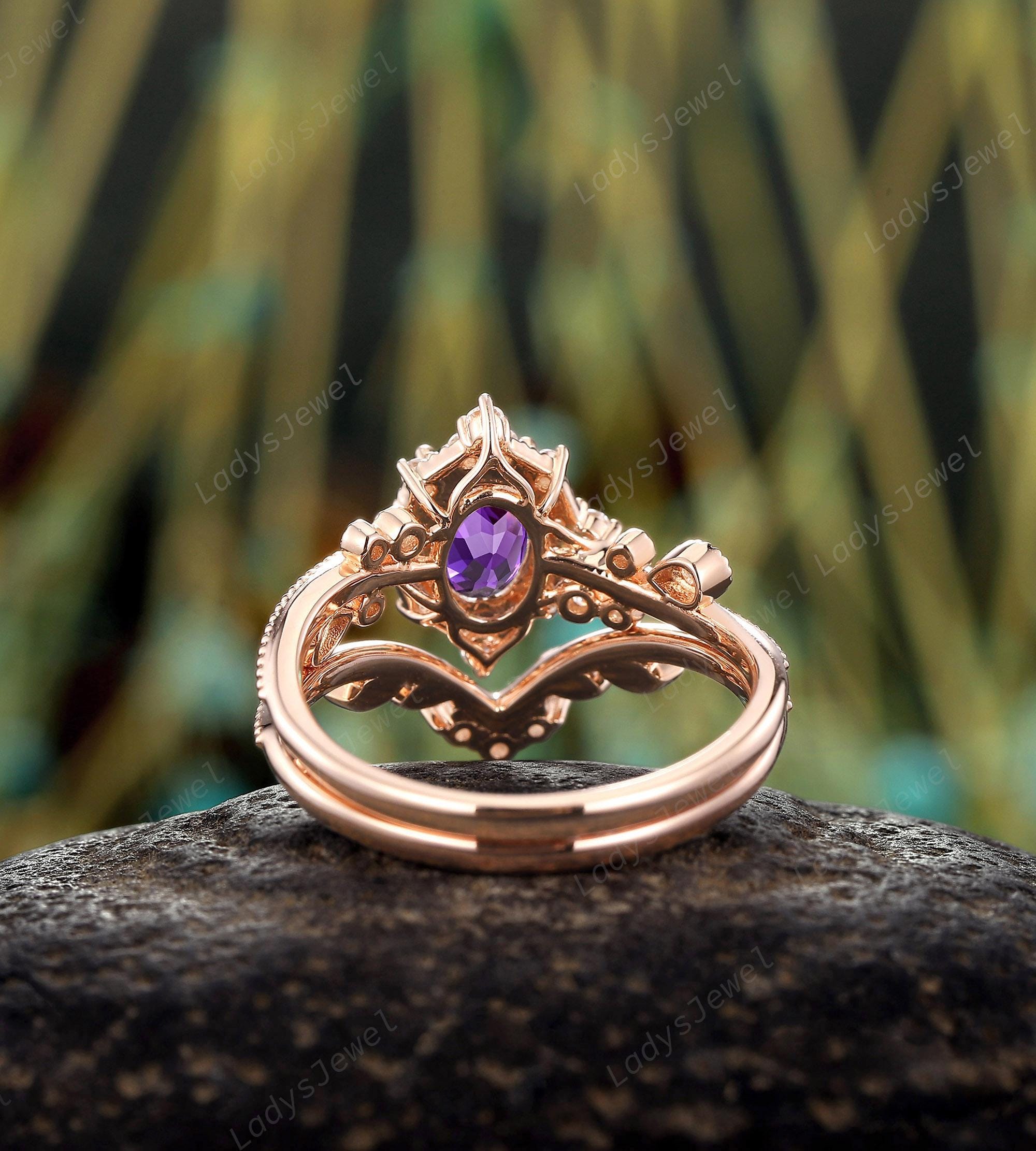 Halo Oval Cut Purple Sapphire Bridal Set, 14K Rose Gold Violet