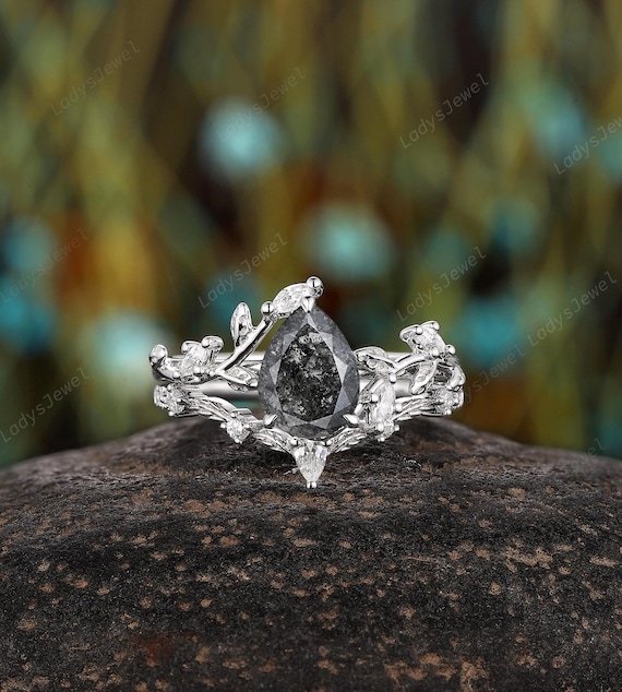 Bridal Set Black Diamond Pear Cut Engagement Rings Pear Cut Salt