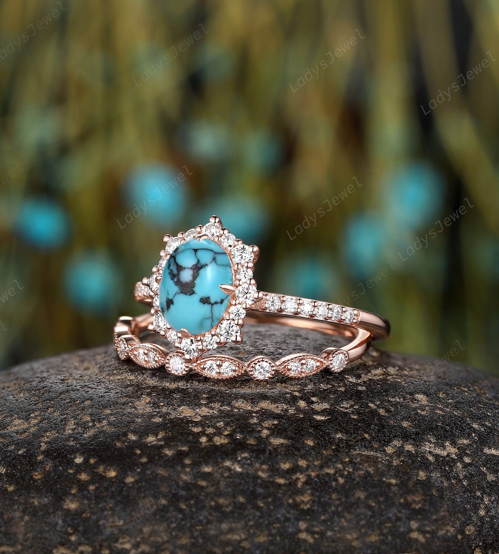 Unique Oval Shape Blue Turquoise Engagement Ring Set Vintage 14K Rose Unique Oval Shape Blue Turquoise Engagement Ring Set Vintage 14K Rose