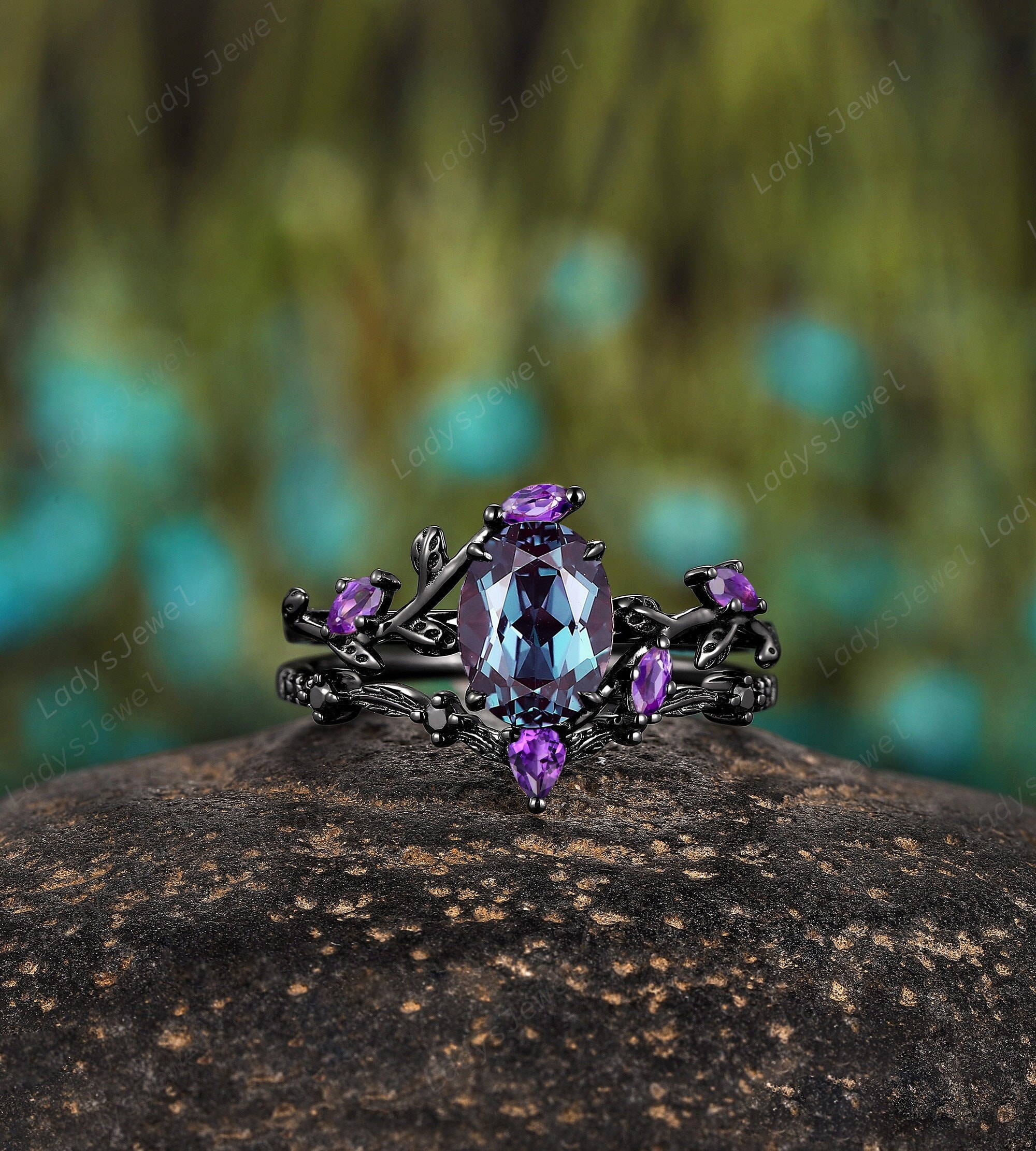 Gothic Oval Cut Alexandrite Engagement Rings 14K Black Gold Twig