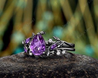 Gothic Pear Violet Sapphire Engagement Rings Rhodium Black Gold