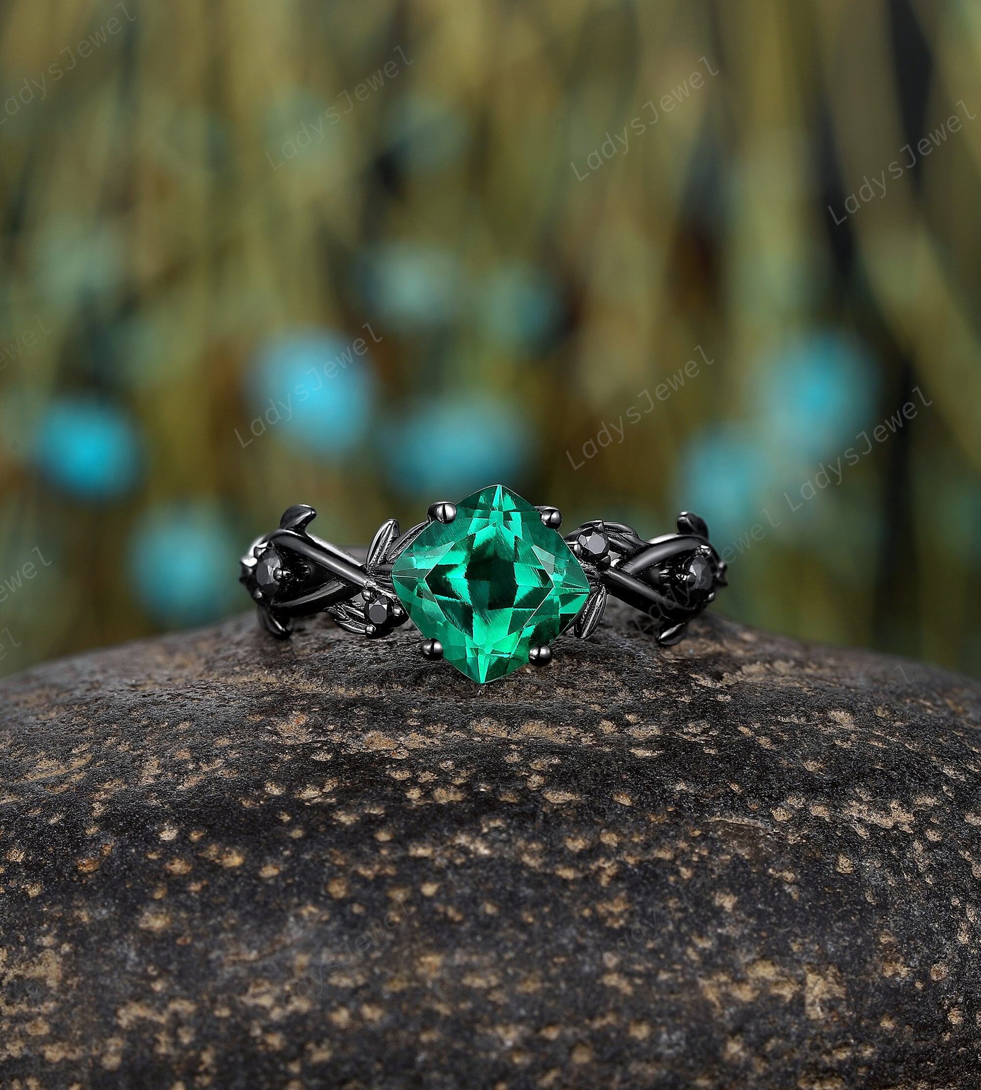 Black Gold Emerald Engagement Ring, Black Leaf Ring, Cushion Cut