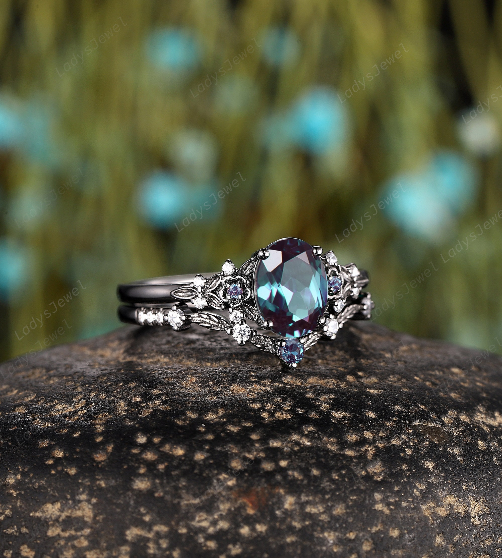 Oval Cut Alexandrite Engagement Ring Set Rhodium Black Gold Nature