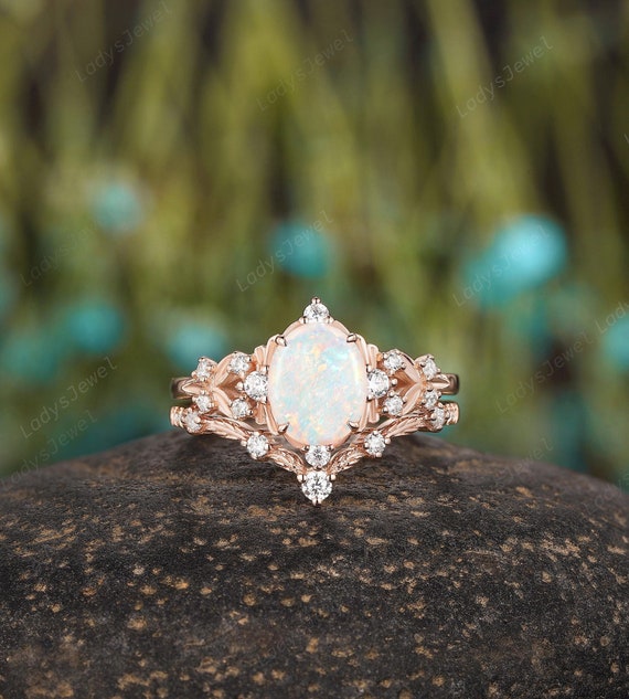 Natural Australian White Fire Opal Engagement Ring Set Oval Cut White Opal Bridal Set 14K Rose Gold Floral Promise Wedding Ring for Women Etsy