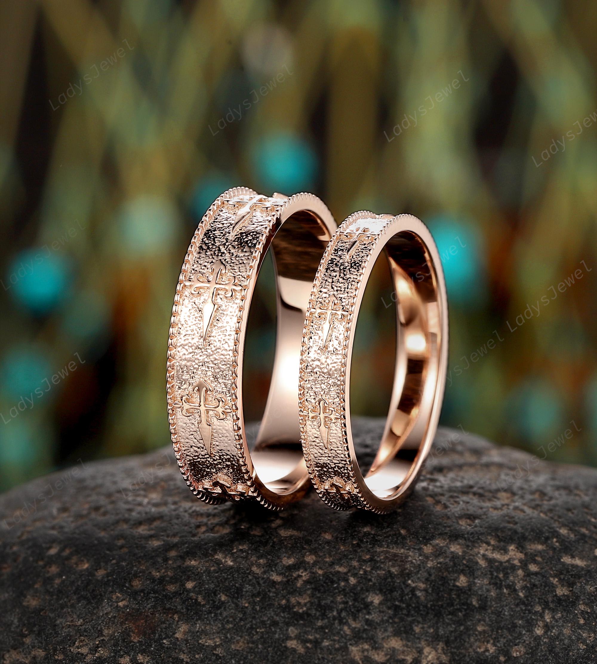 St. James Cross His and Hers Wedding Band 14K Rose Gold Full