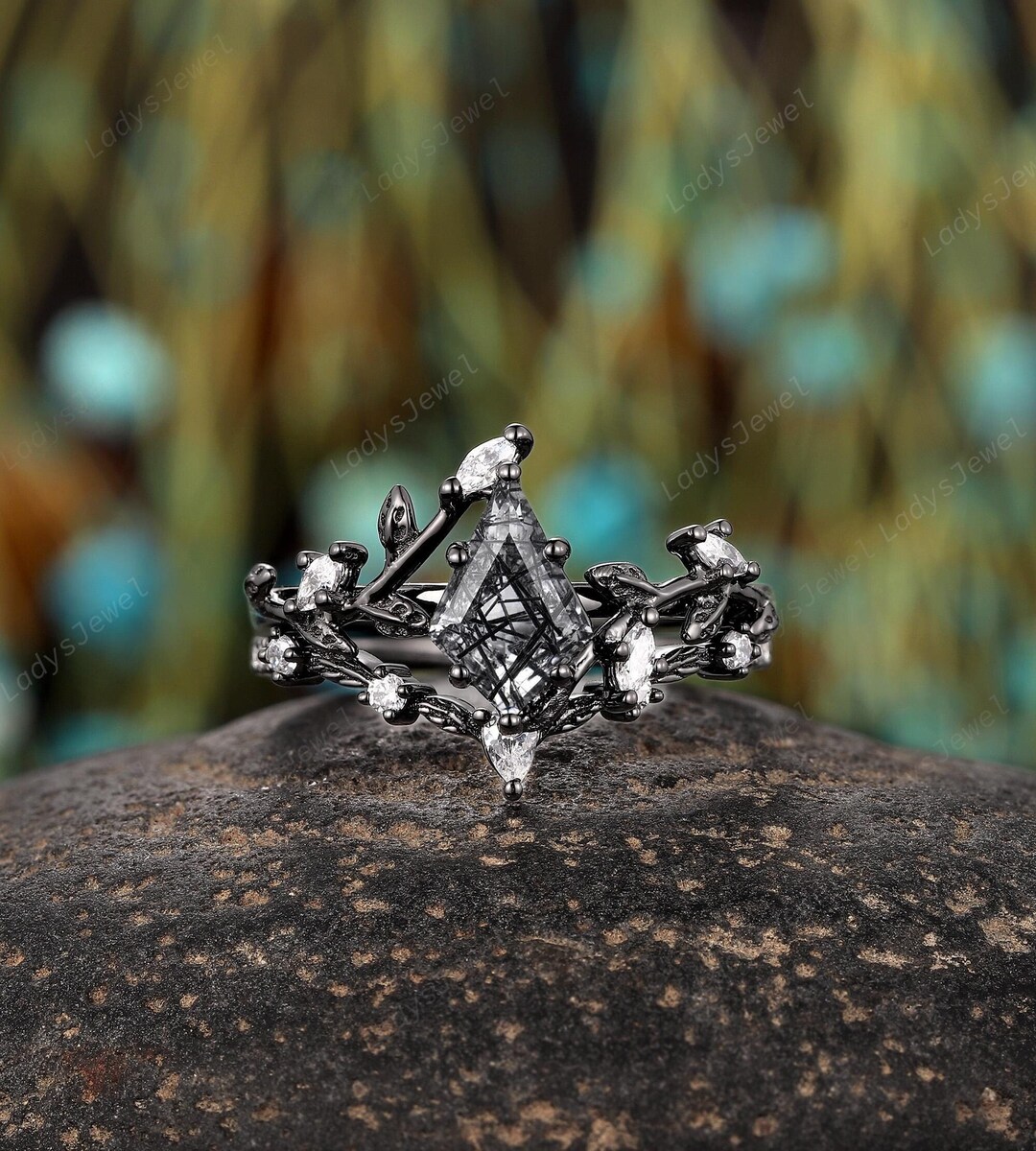 Gothic Kite Black Rutilated Quartz Bridal Set, Nature Inspired