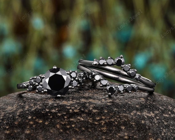 Gothic Round Black Moissanite Engagement Ring Set, Rhodium Black