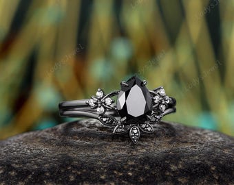 Nature Inspired Pear Cut Black Moissanite Engagement Ring Rhodium