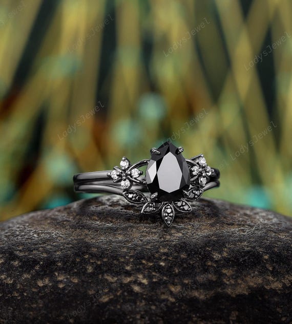 Nature Inspired Pear Cut Black Moissanite Engagement Ring Rhodium