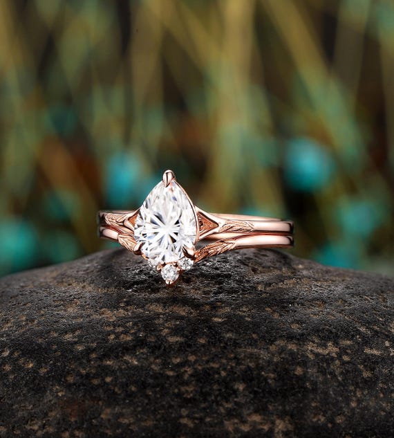 Fireworks Pear Shape Moissanite Engagement Ring, 14K Rose Gold