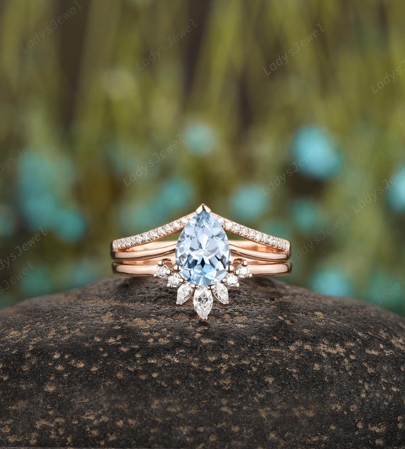 Split Shank Pear Cut Natural Aquamarine Bridal Set, March