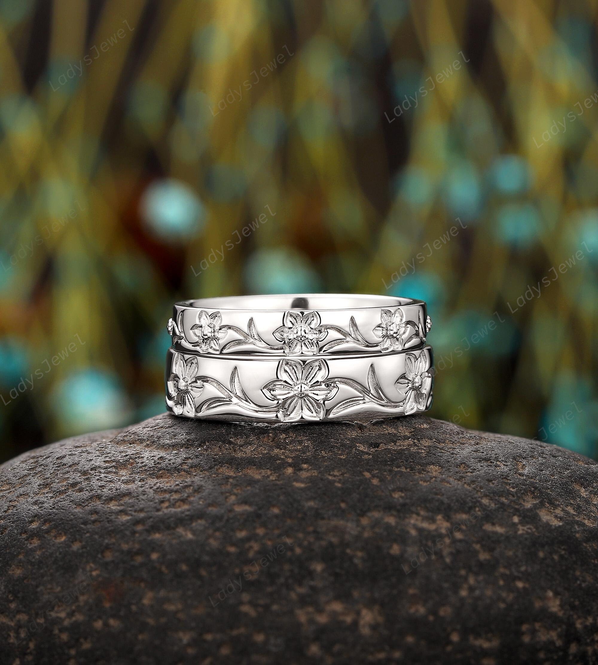 Platinum Narcissus Wedding Band, December Birth Flower Couples