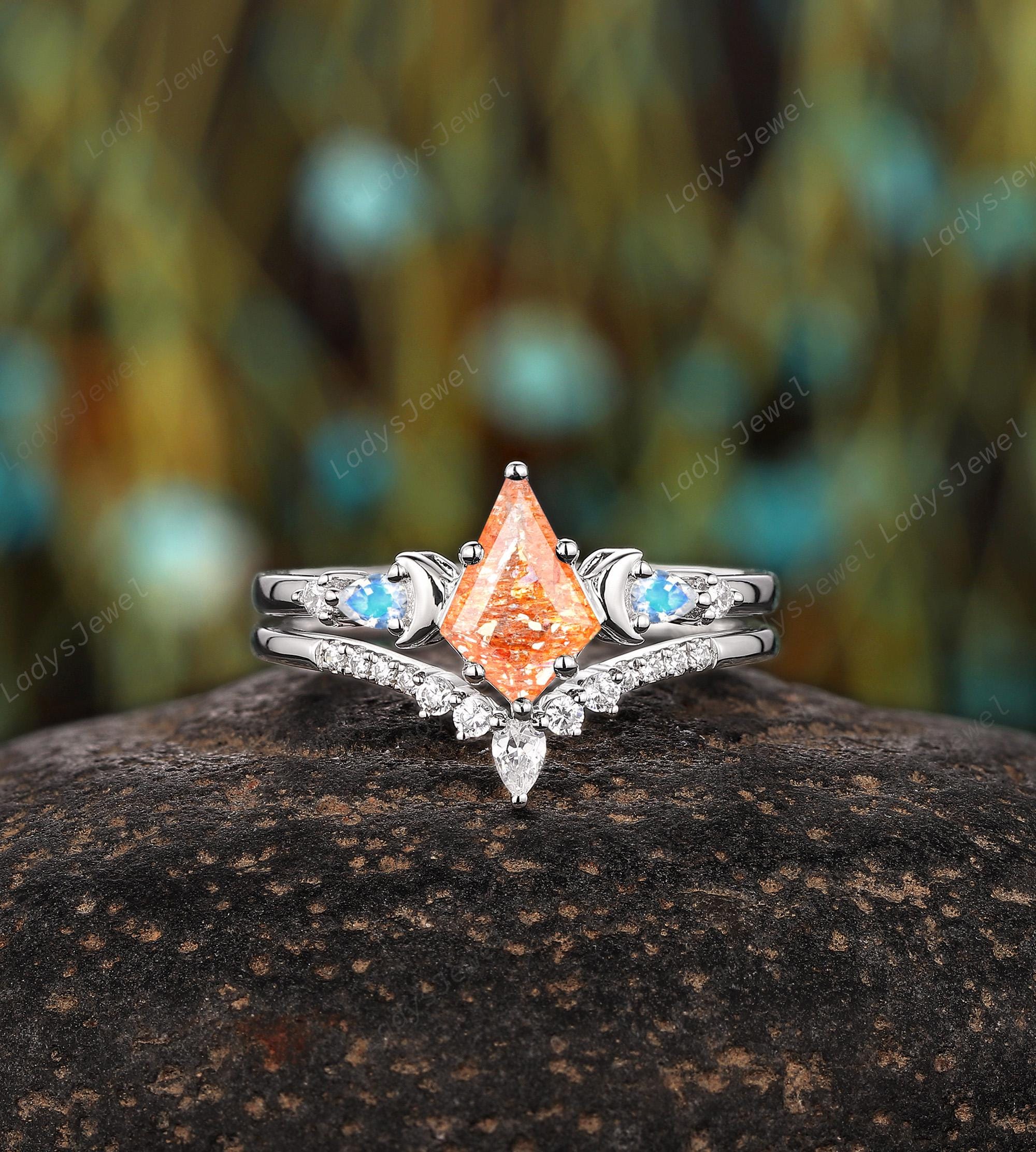 Kite Cut Natural Orange Sunstone Engagement Ring Set 14K Rose Gold