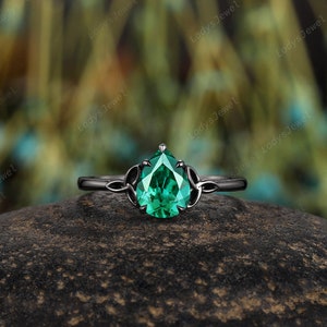Gothic Pear Emerald Engagement Ring Set, Rhodium Black Gold Celtic Knots Bridal Set, Solitaire May Birthstone Witchy Promise Ring for Women 1PC Main Ring