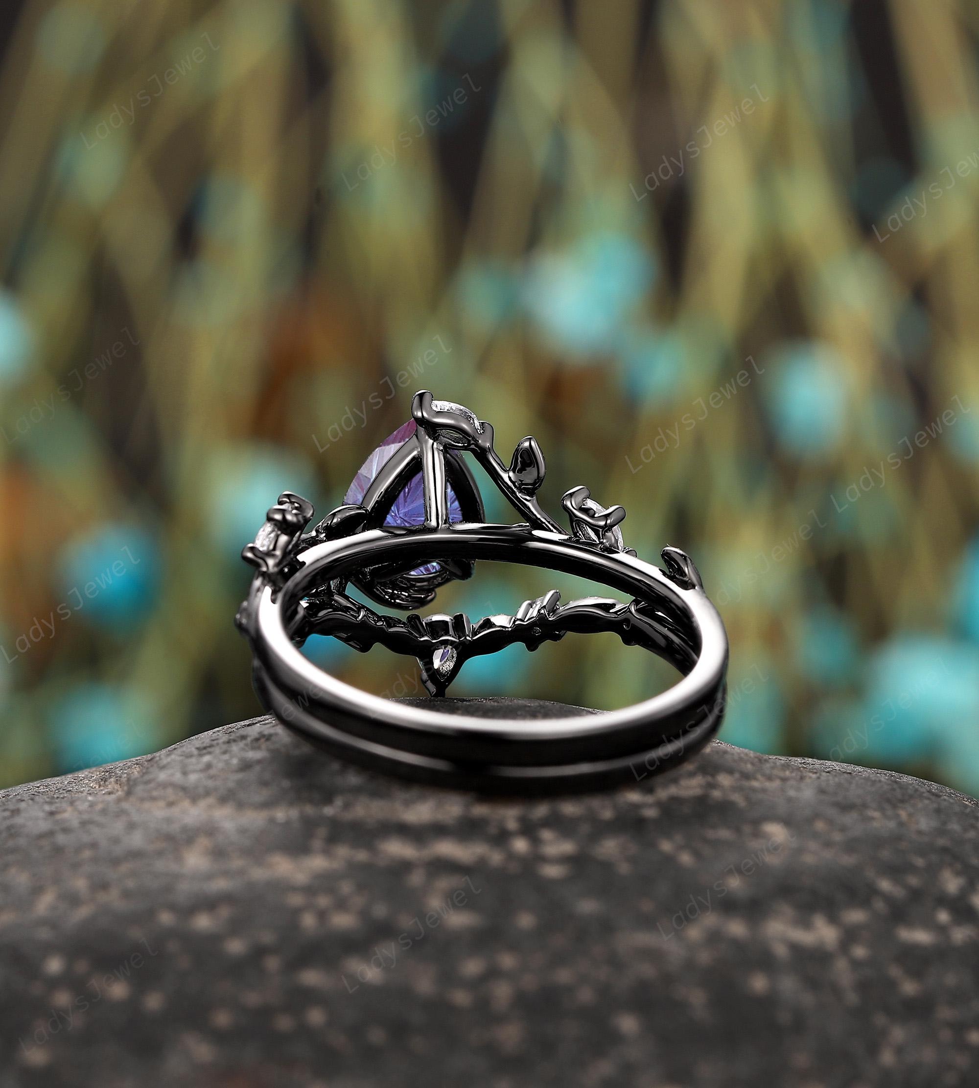 Gothic Fireworks Alexandrite Bridal Set Pear Shape Color Change