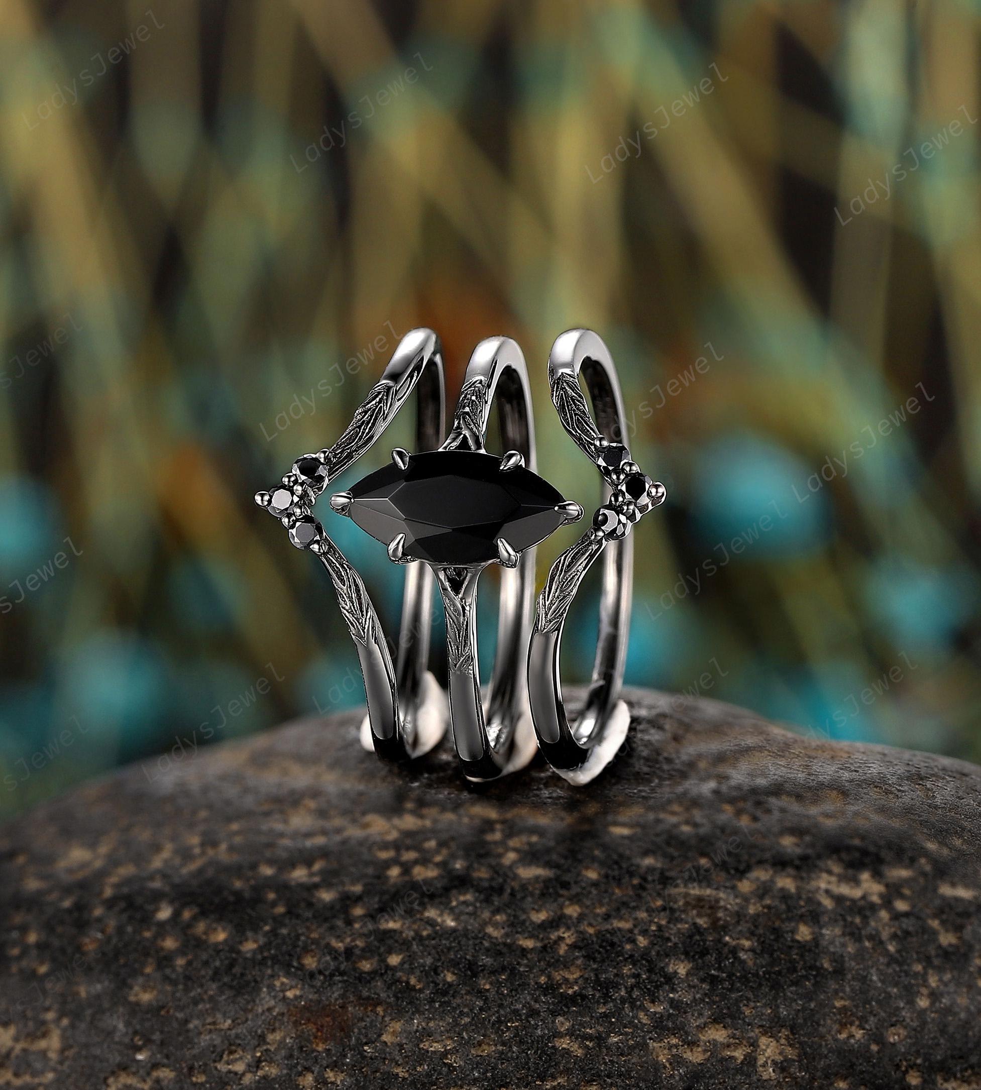 Gothic Marquise Cut Black Onyx Engagement Ring Rhodium Black Gold