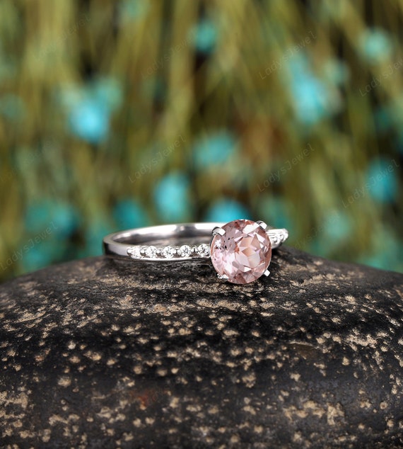 Anillo de compromiso vintage de morganita rosa redonda, anillo