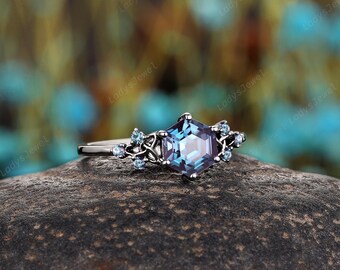 Celtic Knot Hexagon Cut Alexandrite Engagement Ring Rhodium Black