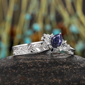 Pear Cut Blue Sandstone His and Hers Wedding Band 14K White Gold Floral Leaf Couples Promise Ring Orion Nebula Goldstone Engagement Ring Set