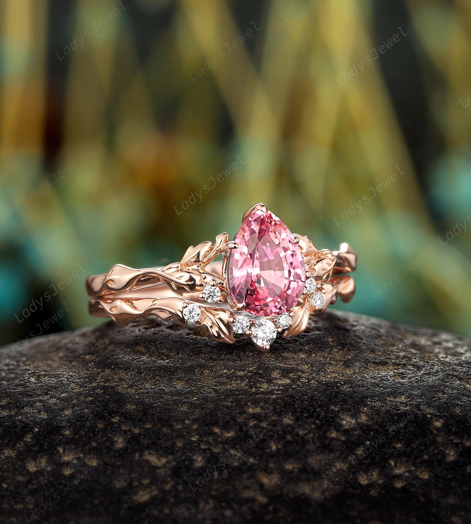 Pear Cut Pink Sapphire Bridal Set 14K Rose Gold Vine Engagement