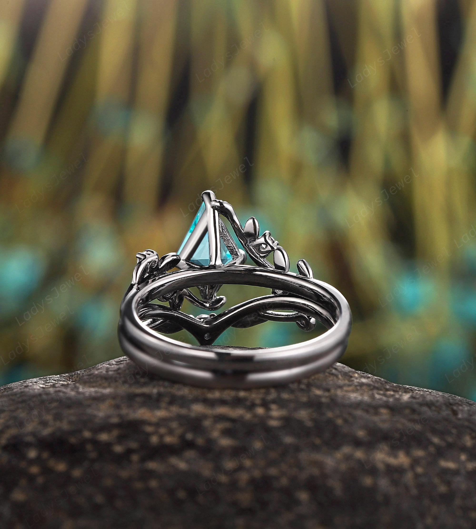 Anillo de compromiso de turmalina gótica Paraiba, conjunto nupcial