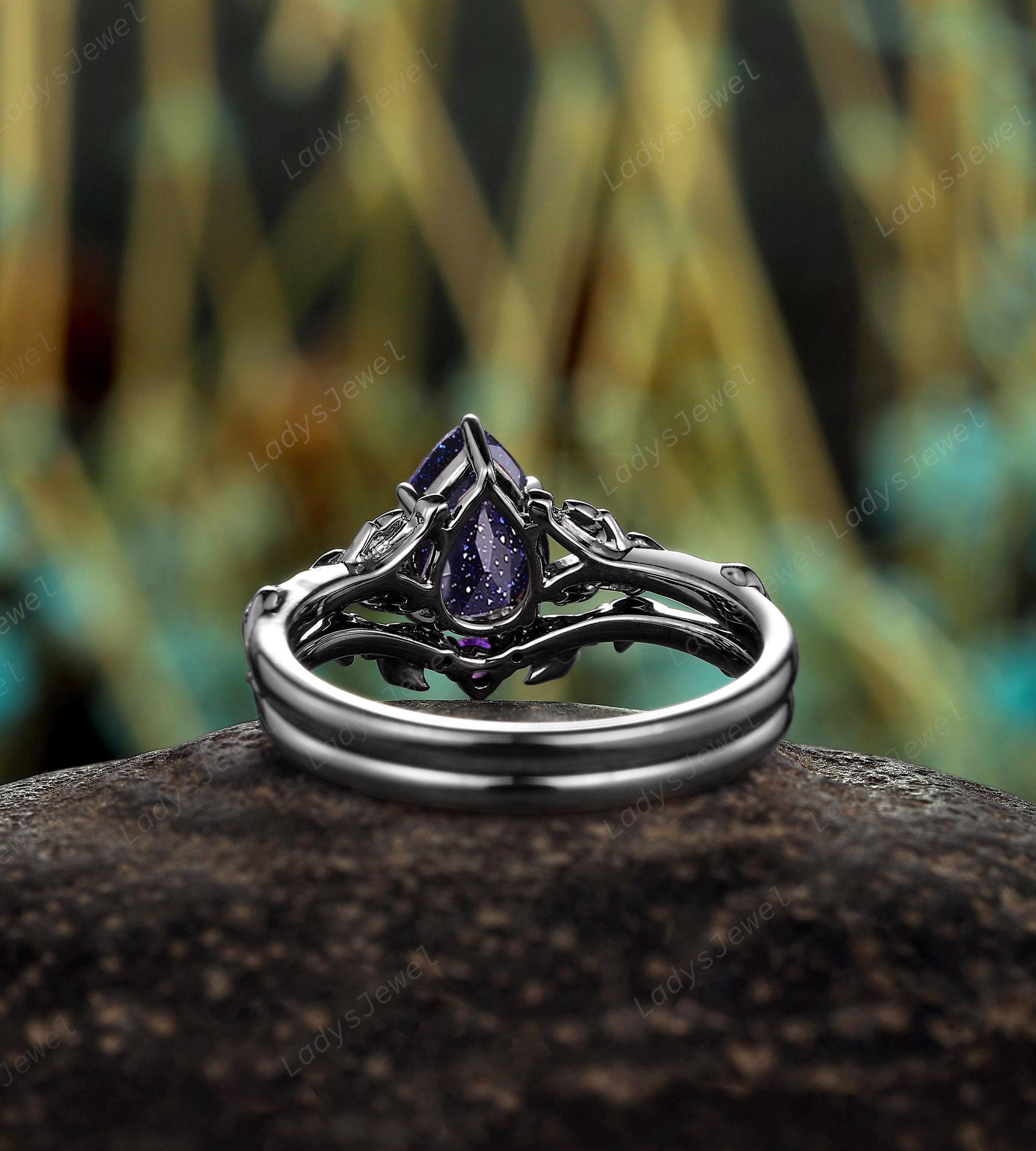 Gothic Pear Cut Nebula Blue Sandstone Engagement Ring Set Rhodium