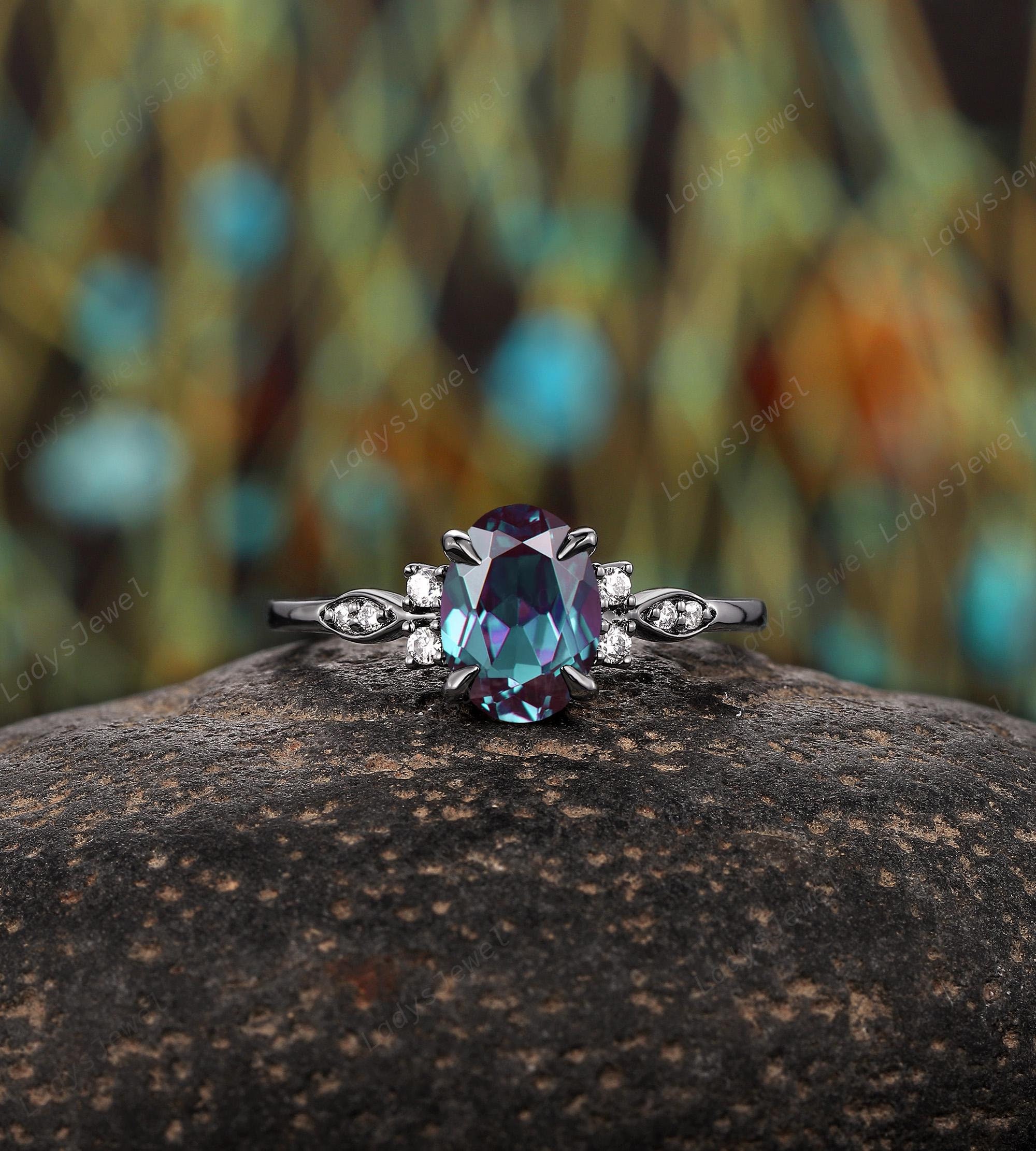 Oval Cut Color Change Alexandrite Engagement Ring, Gothic Black Oval Cut Color Change Alexandrite Engagement Ring, Gothic Black