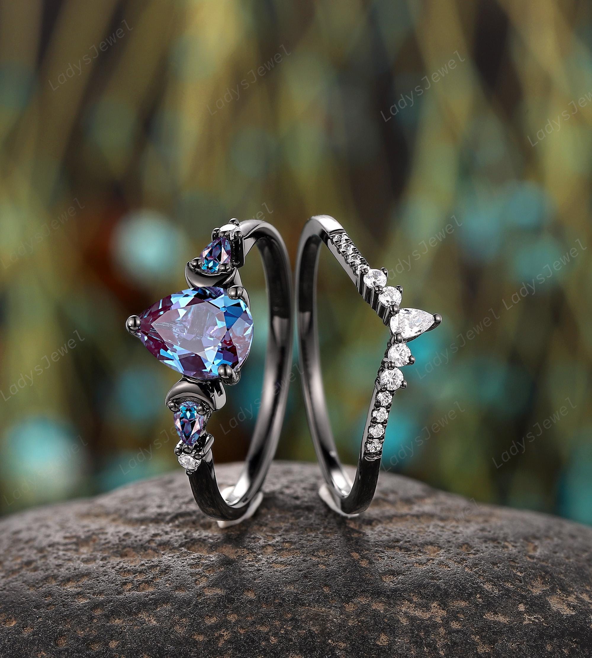 Crescent Pear Cut Alexandrite Engagement Rings Gothic Black Gold
