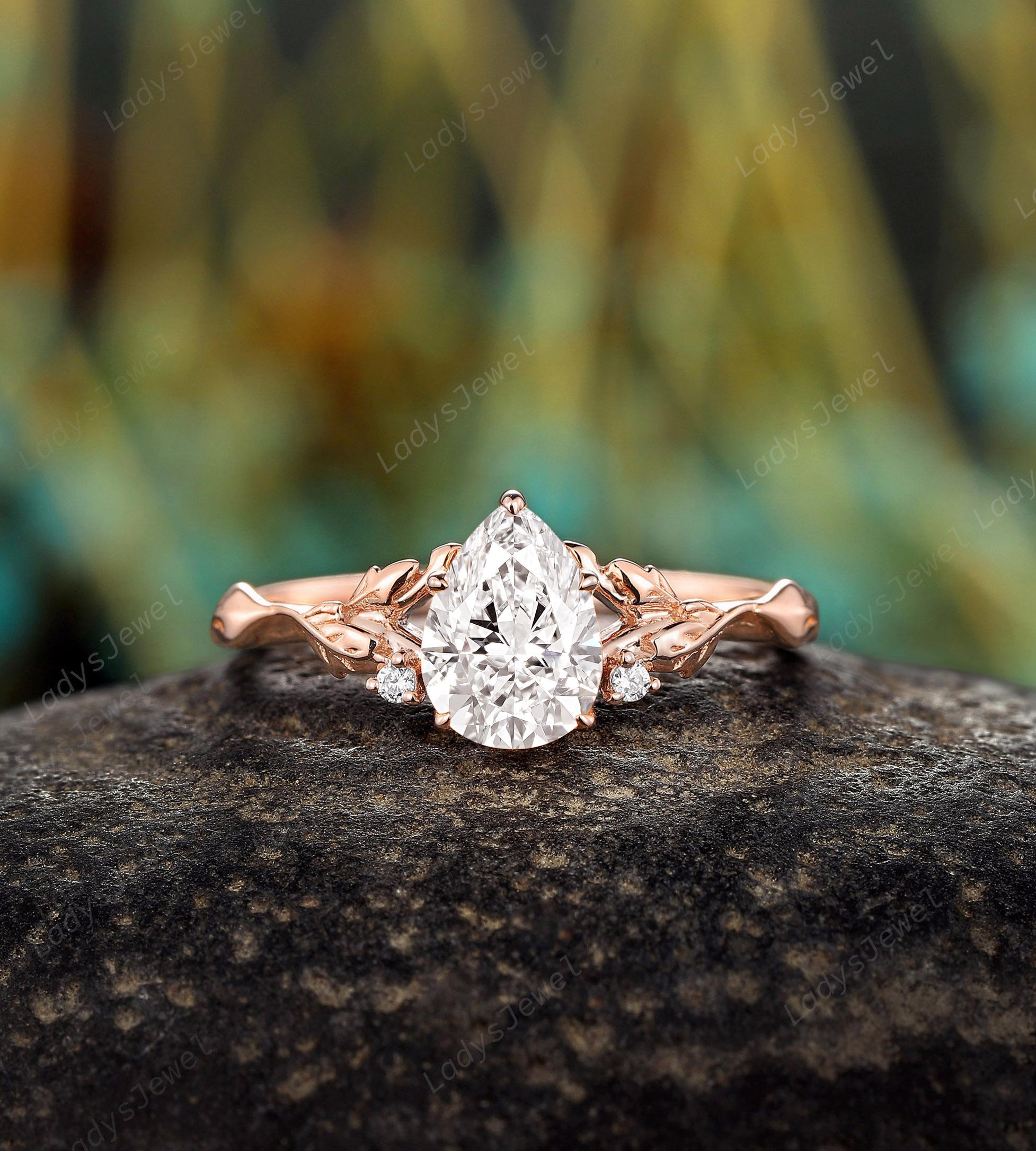 Nature Inspired Pear Cut Diamond Engagement Ring, 14K Rose Gold