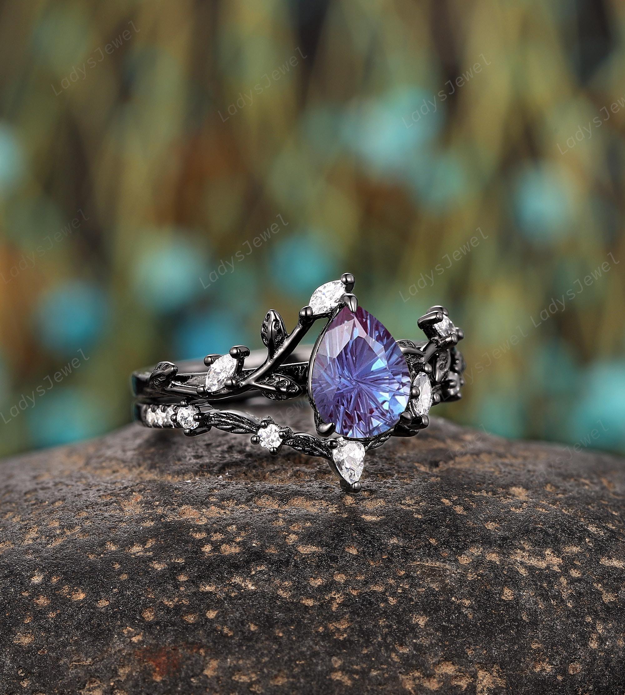 Gothic Fireworks Alexandrite Bridal Set Pear Shape Color Change