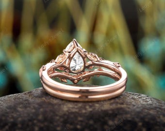 Nature Inspired Pear Cut Diamond Engagement Ring, 14K Rose Gold