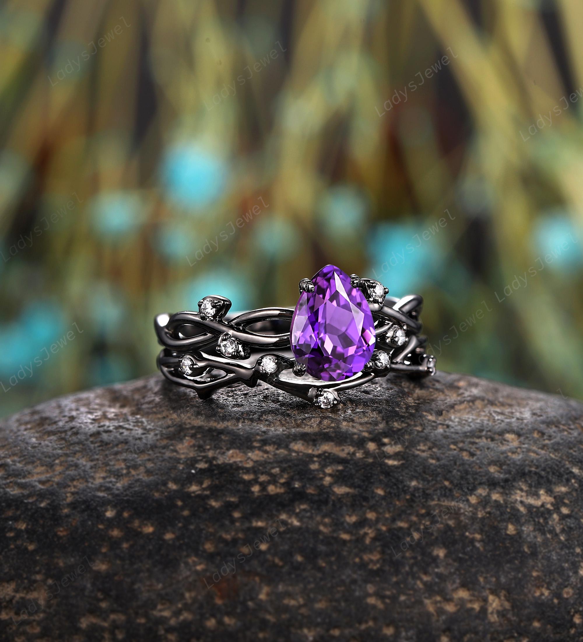 Pear Cut Purple Sapphire Engagement Rings Rhodium Black Gold