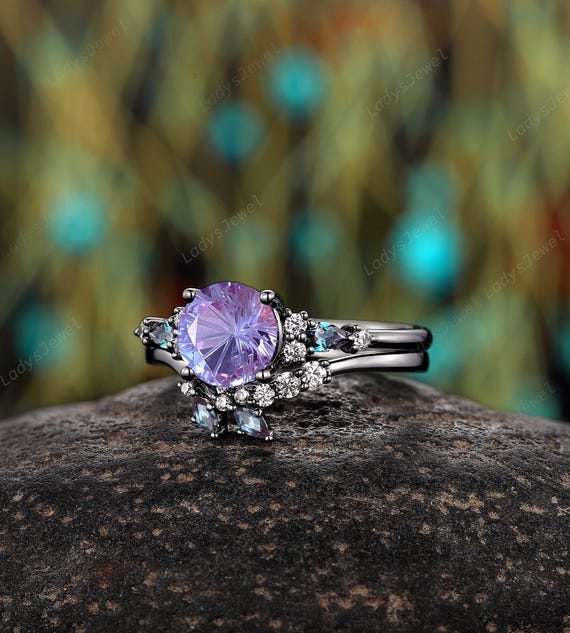 Firework Cut Alexandrite Engagement Ring, 14K Black Gold June