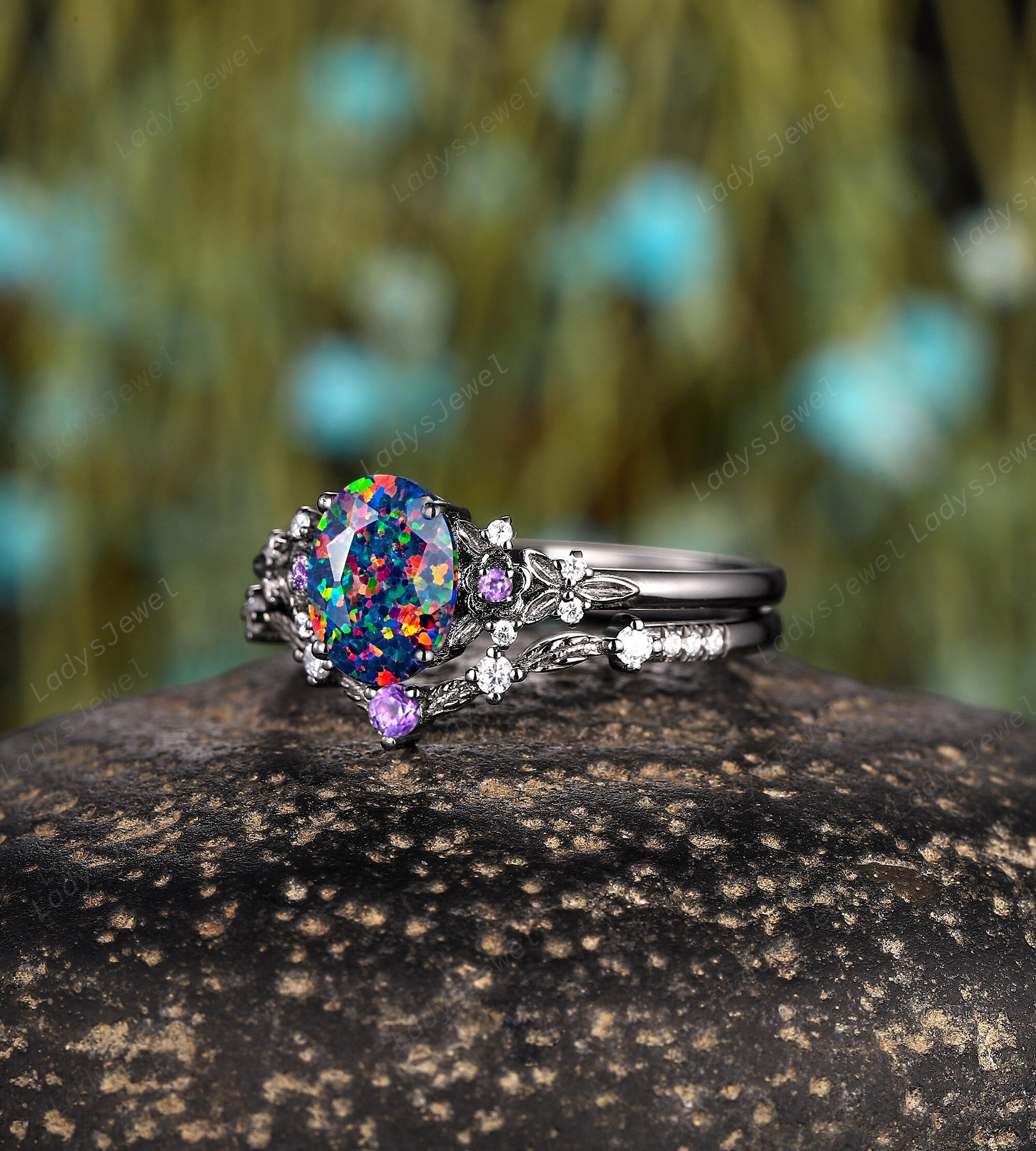 Gothic Facet Black Opal and Diamond Bridal Set, Oval Cut Mix Fire