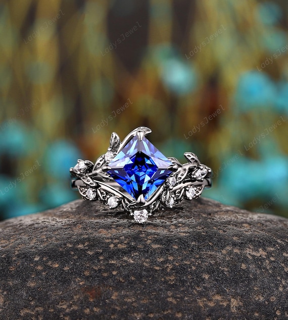 Gothic Princess Cut Cornflower Blue Sapphire Bridal Set, Black