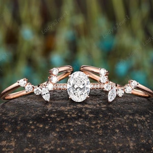 1 Carat Oval Lab Grown Diamond Ring Bridal Set 18K Rose Gold IGI Certified Engagement Ring Set 3PCS Pave Half Eternity Diamond Wedding Ring image 4