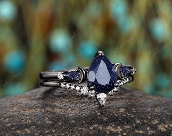 Crescent Pear Cut Blue Sandstone Engagement Rings 14K Black Gold